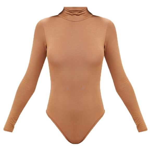 NWT Pretty Little Thing Turtleneck Bodysuit Womens 10 Camel Brown Neutral Basic - Picture 3 of 7